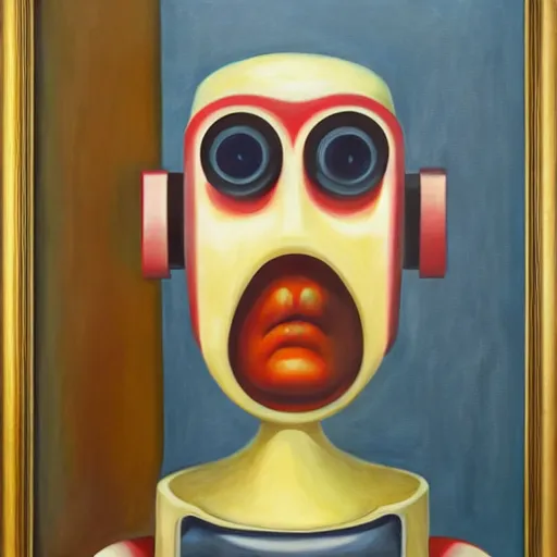 Prompt: curious robot portrait, visage, dystopian, pj crook, edward hopper, oil on canvas