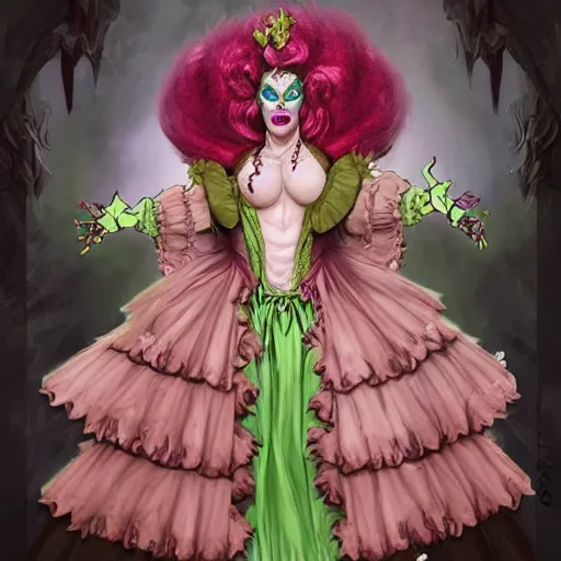 Image similar to d&d character artwork of an orc drag queen (a male orc in frilly women\'s clothing, orc has green skin) who is wearing a very girly prissy frilly rococo ballgown outfit and a huge rococo powdered wig, rococo fashion, drag, girly, fabulous, D&D, fantasy, highly detailed, digital painting, artstation, smooth, sharp focus, illustration, art by artgerm and greg rutkowski and alphonse mucha