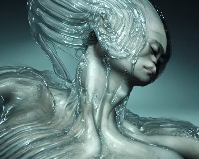 Image similar to epic full - body - shot still of kim kardashian unconscious in a transparent alien liquid, wet flowing hair, gooey skin, illustration, unreal engine 5, 8 k, made by h. r. giger.