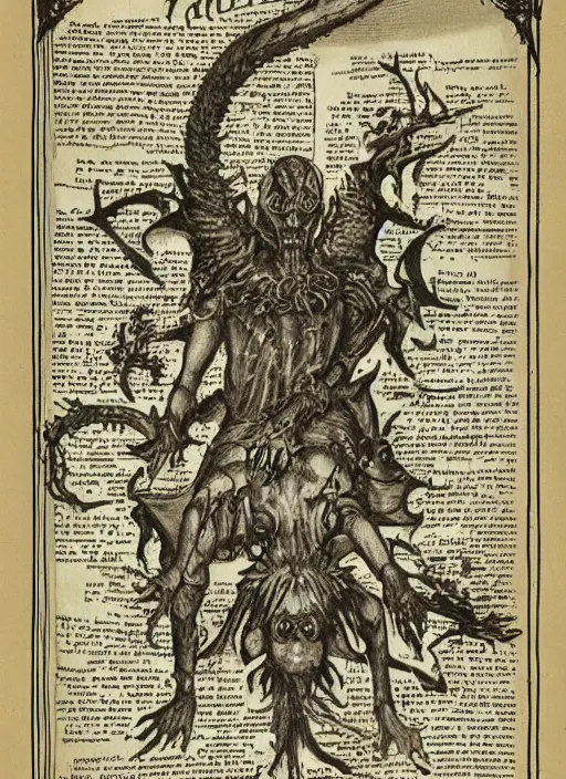 Prompt: a full page scan of detailed vintage illustrated instructions on how to decapitate a demon, handwritten, spells, intricate writing, satanic, evil, grimoire page, necronomicon style