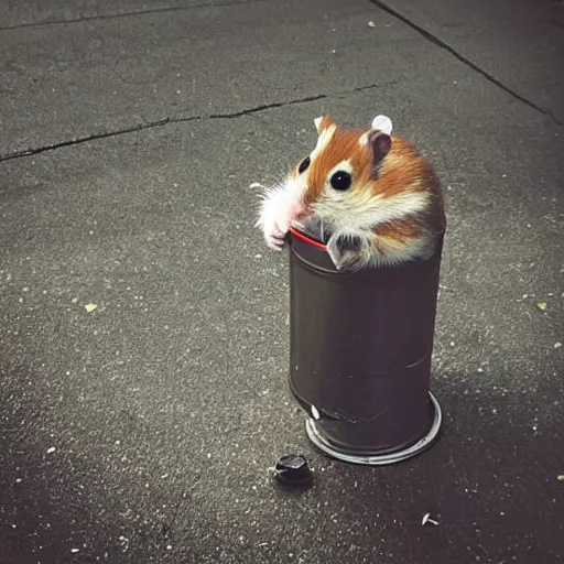 Image similar to “ hamster dressed as a homeless person sitting at an intersection with arms stretched out holding a tin can, trash on ground, sad atmosphere ”