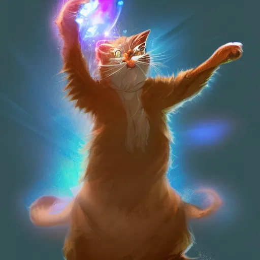 Image similar to wizard is laughing at a small cat, dynamic pose, chromatic aberration, medium level shot, comedy, fantasy, illustration, concept art,