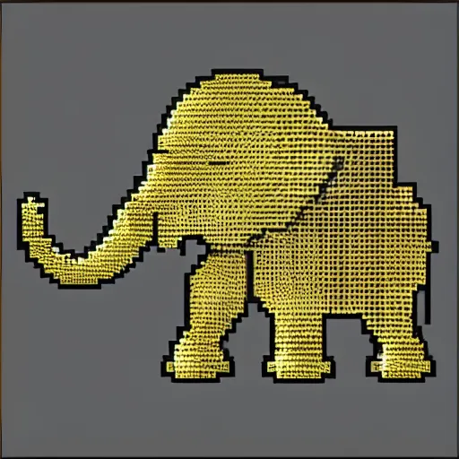 Image similar to a pixelated 1 bit elephant, infront of the elephant is a pixelated 1 bit golden sword.