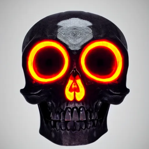 Image similar to real human skull with circular orange light electronic eyes in eye holes