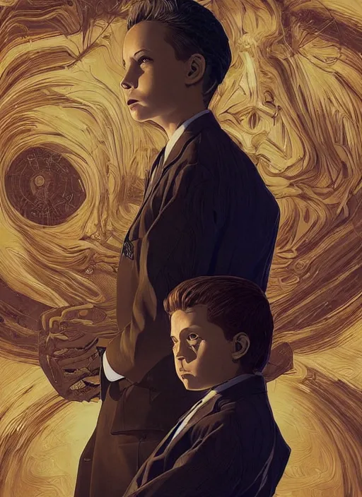 Prompt: poster artwork by Michael Whelan and Tomer Hanuka, Karol Bak of a young boy in a full sized suit, he has the evil spirit of BOB inside him, sitting in the board room, interior from scene from Twin Peaks, clean