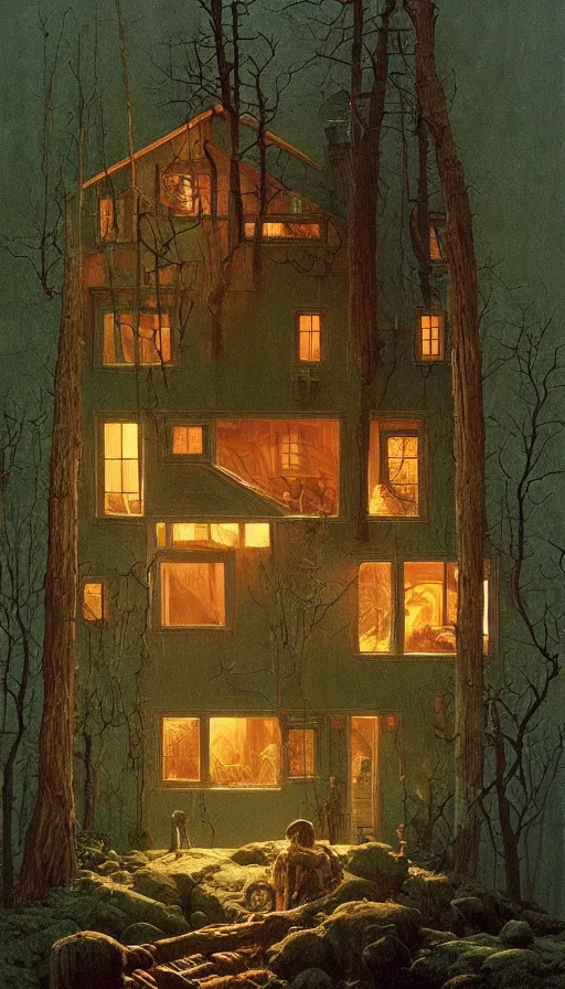 Image similar to cozy home in the woods moody lighting, highly detailed, painting by zdzisław beksinski and norman rockwell and greg rutkowskiweta studio, and lucasfilm