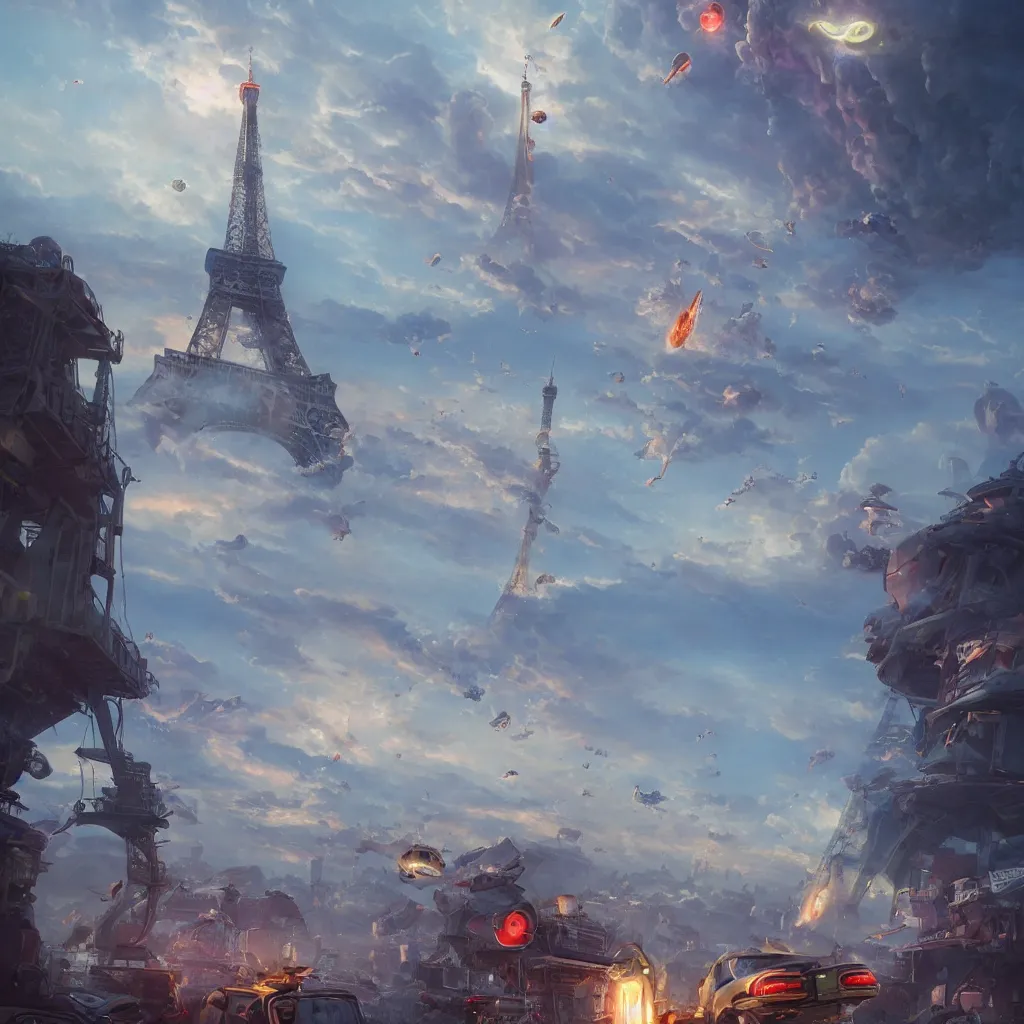 Prompt: tictac ufo crashing on the eiffel tower, hyper-realistic, Peter Mohrbacher Takayuki Takeya , dramatic cinematic lighting rendered by octane, 8k, photograph