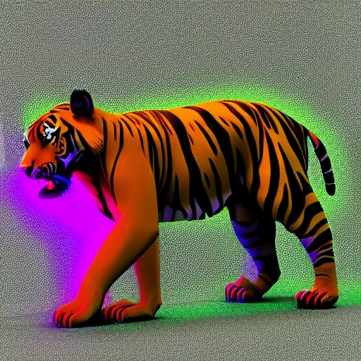 Prompt: ultra low low poly stylized render of a Sumatran tiger animal full body octane unreal engine render vaporwave blue and pink neon 4k