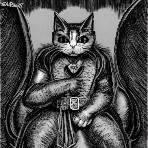 Image similar to a all black cat sitting on top of a castle, demon cat, style of kentaro miura!!!!, black and white, finely detailed