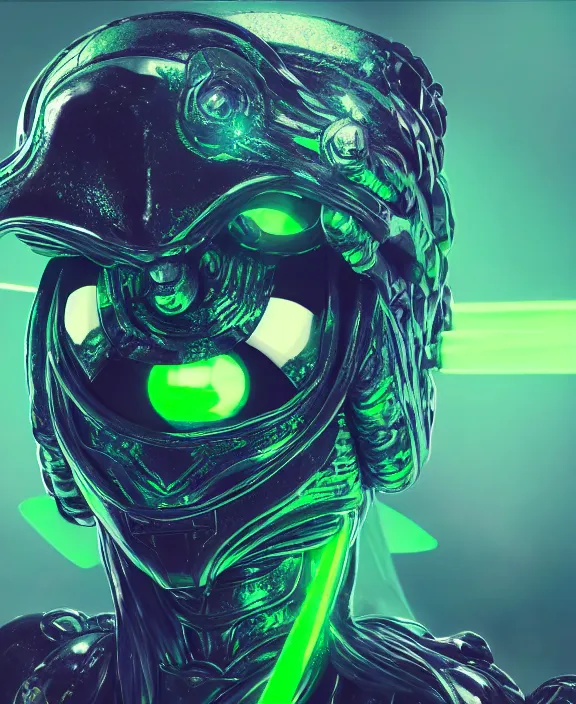 Prompt: a detailed character concept of a menacing armoured alien with glowing green eyes and a crown of jade and topaz crystals by Beeple, 4k resolution, photorealistic