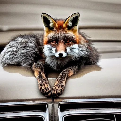 Image similar to curled up fox on a car's hood, award winning photography