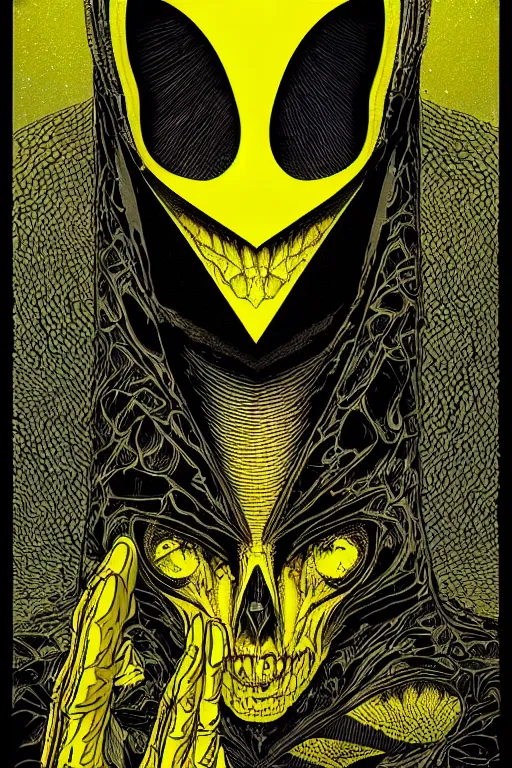 Image similar to portrait of black and yellow technicolor grainshading print by dan mumford, goblinko, richard corben, wayne barlowe, moebius, heavy metal comic cover art, psychedelic triangular skeleton, very intricate, thick outline, full body, symmetrical face, long black crown, in a shapes background, galactic dark colors