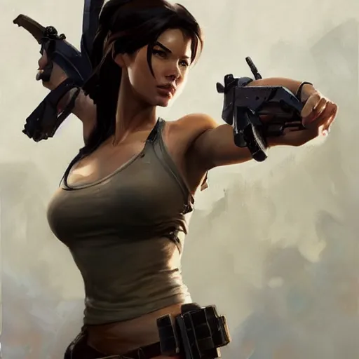 Image similar to greg manchess portrait painting of partially armored lara croft as overwatch character, close - up shot, asymmetrical, profile picture, organic painting, sunny day, matte painting, bold shapes, hard edges, street art, trending on artstation, by huang guangjian and gil elvgren and sachin teng