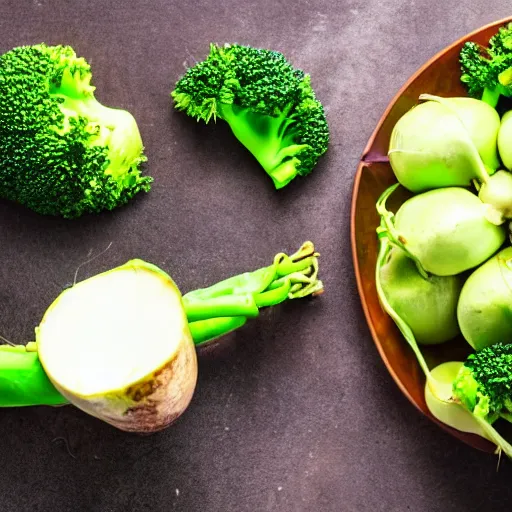 Image similar to a brocolli eating a turnip with utensils