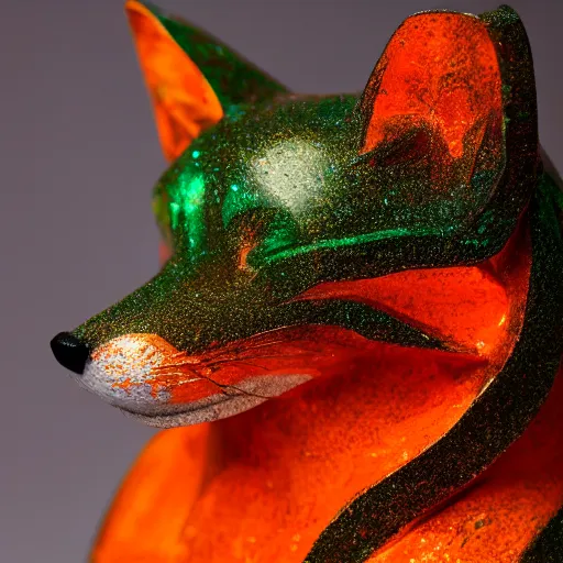 Image similar to Portrait photography of an Emerald fox sculpture with glowing orange eyes