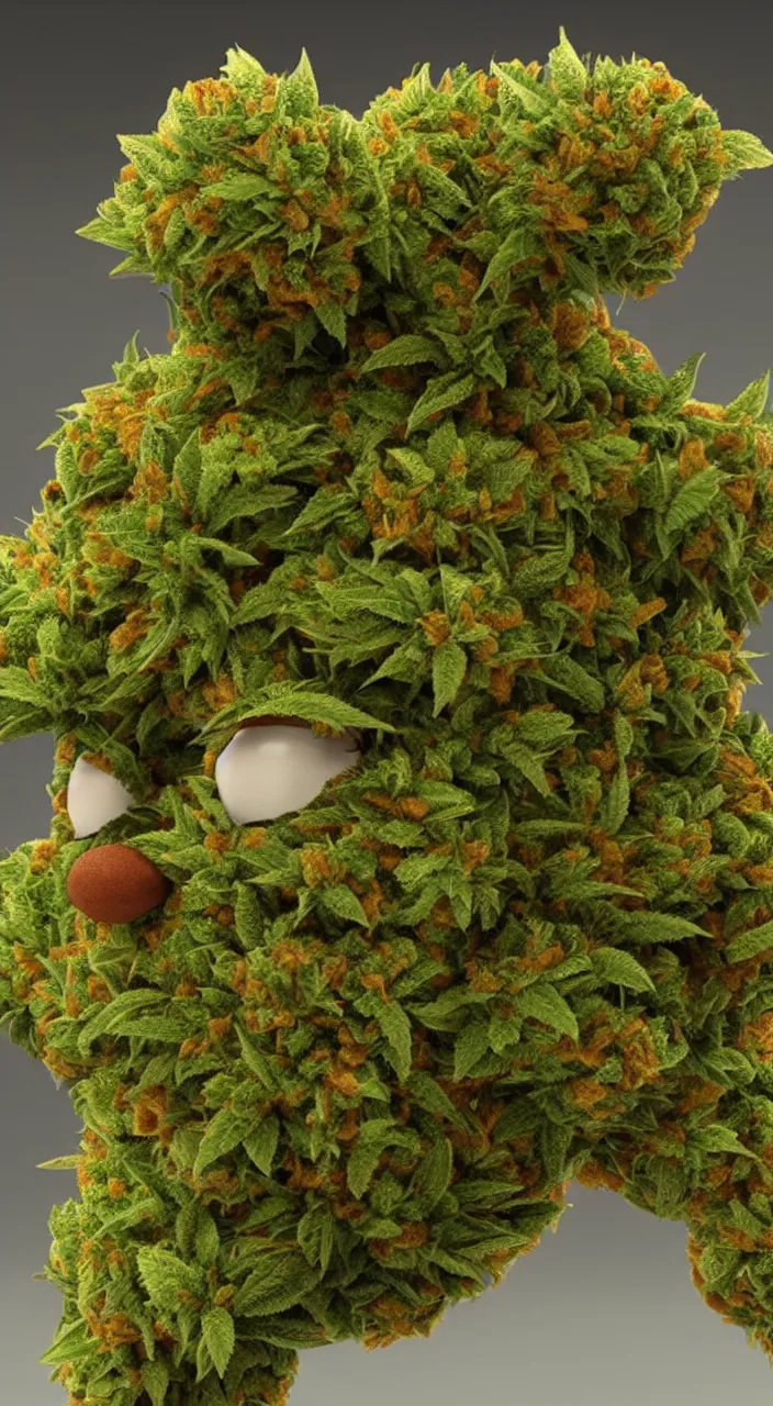 Image similar to funny marijuana character made from a bud, like iamgrout, in an 8k render, photorealistic, with high detail, rendering with octane + ray tracing - illumination, very sharp, ultra sharp, focused