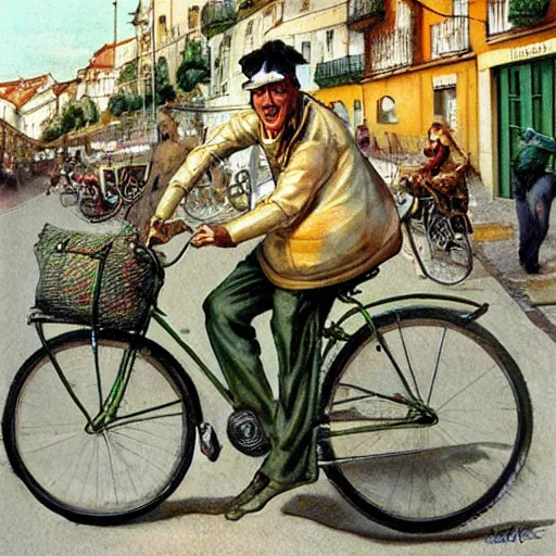 Image similar to a food delivery guy on his bicycle wearing a big green bag at the streets of Lisbon, art by Stephen Hickman