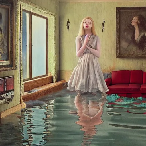 Prompt: pop-surrealism portrait painting of Elle Fanning in a flooded house interior, extremely detailed masterpiece,