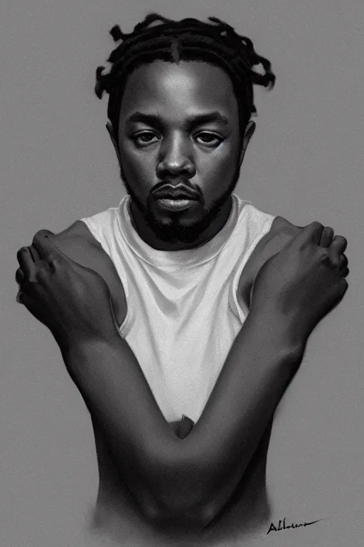 Image similar to ultra realistic kendrick lamar drawing, background is white and blank, elegant, highly detailed, digital painting, concept art, smooth, sharp focus, illustration, art by greg rutkowski and alphonse mucha