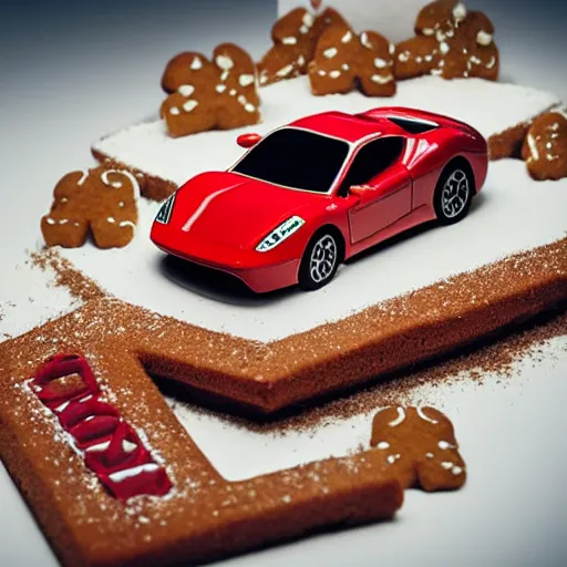 Prompt: a ferrari made of gingerbread, food photography, car photography