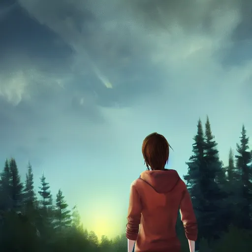 Prompt: max caulfield looking at beautiful sky at night, intricate, youth, digital painting, artstation, life is strange, edouard caplain, ue 5, highly detailed, 8 k