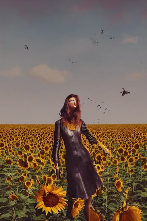 Prompt: a portrait of a stylish woman standing in a field of sunflowers by Ismail Inceoglu