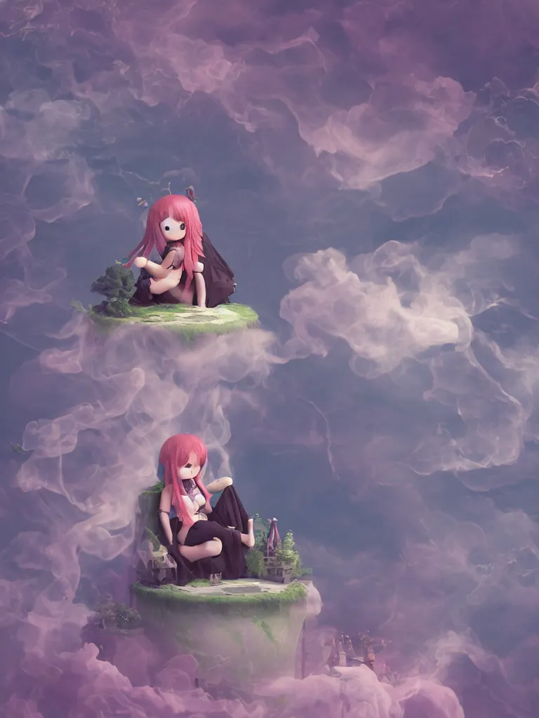 Image similar to cute fumo plush gothic maiden girl sitting on a floating island, isometric projection, wisps of smoke and volumetric fog, vignette, orthographic, vray