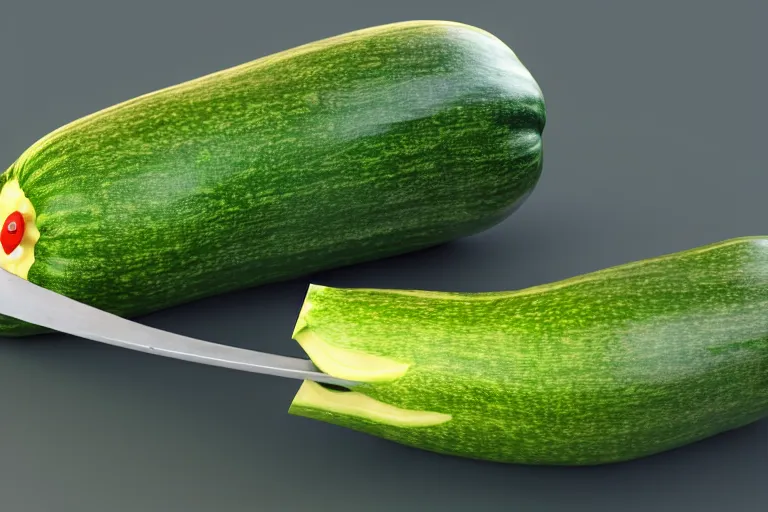 Image similar to detailed 3 d render of a mad zucchini with a long sword chasing after a panicking tomato, hyper realistic octane render, dramatic lighting, high speed chase, wide angle, nightmare, adult pixar surrealism