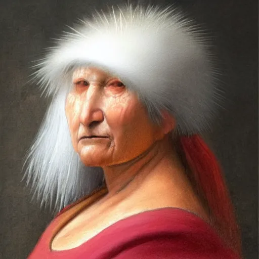 Image similar to a painting of a lantina elder woman by Leonardo da Vinci . details, smooth, sharp focus, illustration, realistic, cinematic, artstation, award winning, rgb , unreal engine, octane render, cinematic light, macro, depth of field, blur, red light and clouds from the back, highly detailed epic cinematic concept art CG render made in Maya, Blender and Photoshop, octane render, excellent composition, dynamic dramatic cinematic lighting, aesthetic, very inspirational, arthouse.