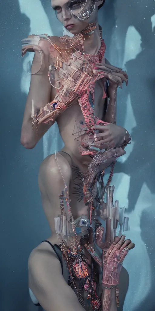 Image similar to hyperrealistic futuristic high fashion photography, girl in studio, full body, vogue magazine, nomad masterpiece, nano parts, neon lights, smoke, eerie music, beautiful intricate face and flawless skin, tribal jewelry, tattoos, perfect hands, head piece, by Edgar Maxence and Ross Tran and Michael Whelan, 8k, octane render