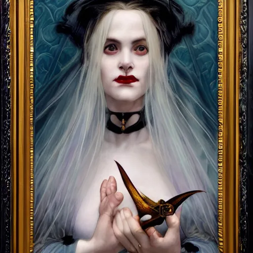 Image similar to Masterpiece painting of beautiful malicious vampire princess gothic portrait by Donato Giancola and Tom Bagshaw, face by Artgerm and Edmund Leighton, golden ratio, trending on cgsociety, intricate, majestic, dark epic fantasy, trending on artstation, by H.R. Giger, background by James Jean and Gustav Klimt, 8k, volumetric Lighting, Hokusai, detailed crimson ink outline, trending on pixiv