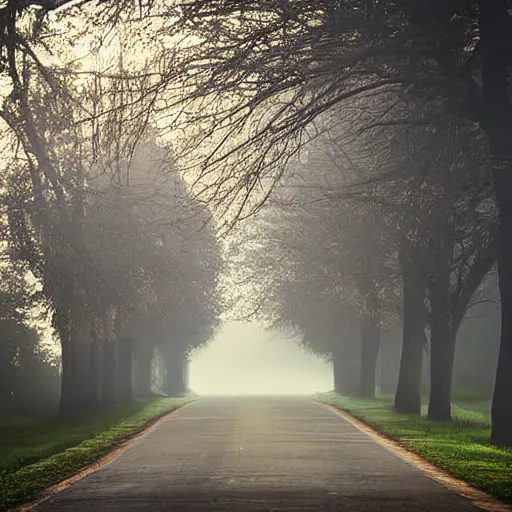 Prompt: Beautiful soft Photograph estate road in early morning