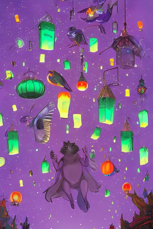 Image similar to purple space racoon, colorful birds flying. Magical lanterns and chandeliers. Fantastical, detailed digital art trending in artstation