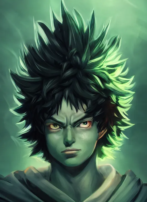 Image similar to An epic fantasy comic book style portrait painting of Midoriya Izuku, Dark Deku, Unreal 5, DAZ, hyperrealistic, octane render, cosplay, RPG portrait, dynamic lighting