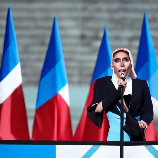 Image similar to Lady Gaga as president, Argentina presidential rally, Argentine flags behind, bokeh, giving a speech, detailed face, Argentina