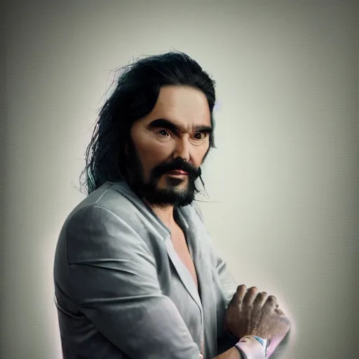 Prompt: russel brand portrait, painterly 3 d concept art in hasselblad 8 k photo cinematic dramatic octane cycle lighting with caustics by gurney shaun tan rutkowski! rain window background