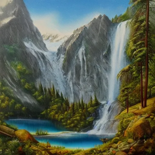 Prompt: a mountain with a waterfall that leads to a lake, highly detailed, oil painting, made by alard monsma