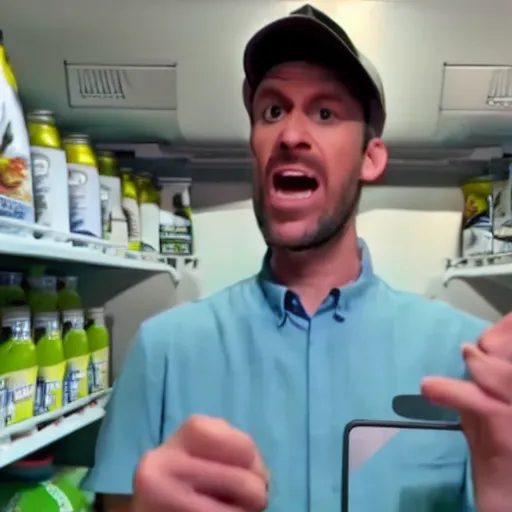 Image similar to still from a velociraptor scientist's vlog complaining about his samsung refrigerator