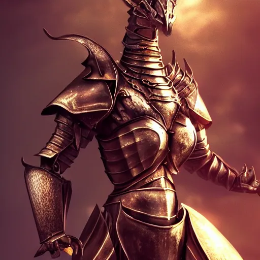 Image similar to highly detailed realistic shot of a stunning anthropomorphic female knight but as a dragon, doing a majestic and elegant pose, armor made of steel, sharp claws, HD octane render, epic cinematography, fantasy, Artstation, Deviantart, Furaffinity