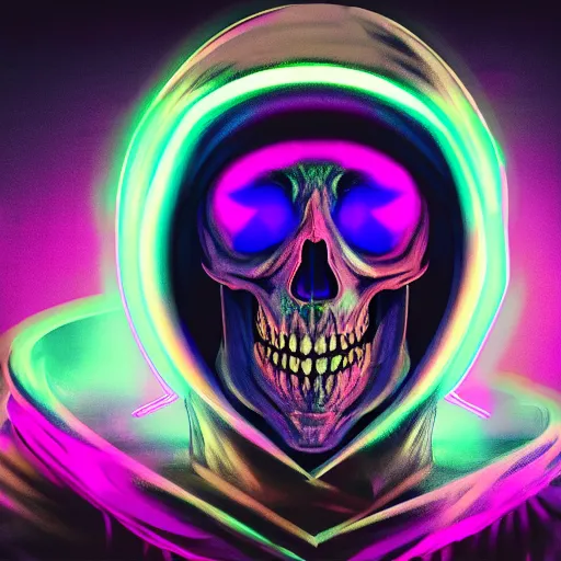 Prompt: skeletor in hoodie, portrait, vaporwave, synthwave, neon, vector graphics, cinematic, volumetric lighting, f 8 aperture, cinematic eastman 5 3 8 4 film, photorealistic