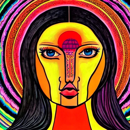 Prompt: tan latina woman, landscape, entering third dimension, eating third eye, prominent rosy cheek bones, black hair and brown eyes, psychedelic di vinci art style,