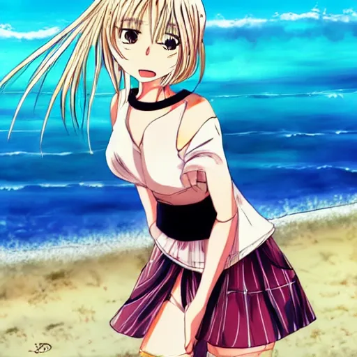 Image similar to beautiful anime manga girl wearing croptop and skirt happy face. she is at the beach. trending on artsystion. drawn by eiichiro oda.