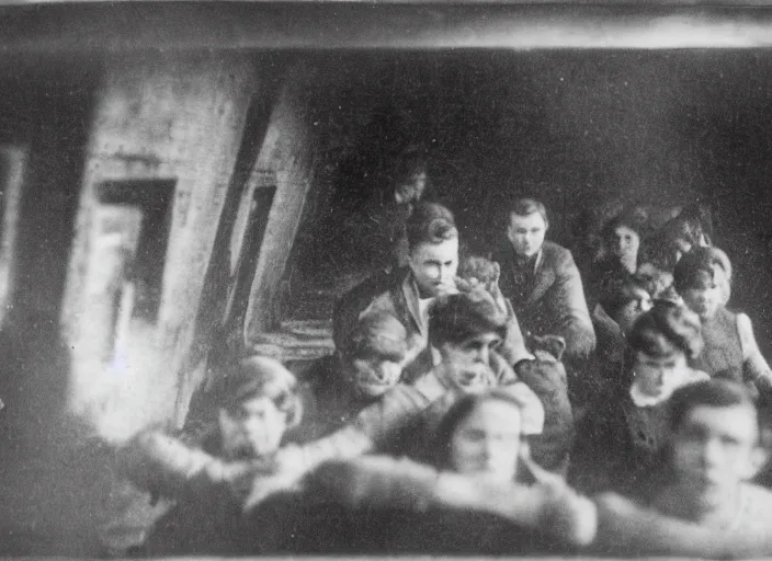Prompt: a daguerrotype photo of a film still of people inside in sinking titanic, award winning photo