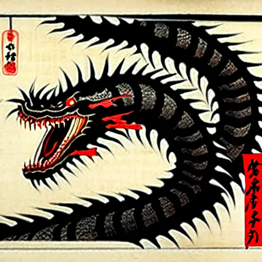 Image similar to biomechanical ukiyo - e woodblock of black dragon by utagawa kuniyoshi, very detailed, hyperrealistic