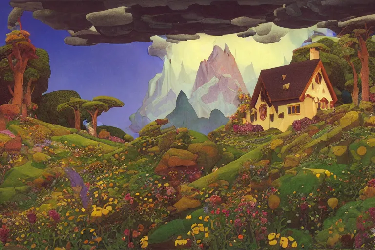 Image similar to the enchanted cottage and gardens of a wise woman on a mountaintop, dramatic cinematic lighting, folk-art carved painted wood house, rich colors, by Nicholas Roerich and William Dyce and ford madox brown and April Gornik and Caspar David Friedrich and Diego Rivera and Tyler Edlin and Ivan Bilibin, featured on artstation