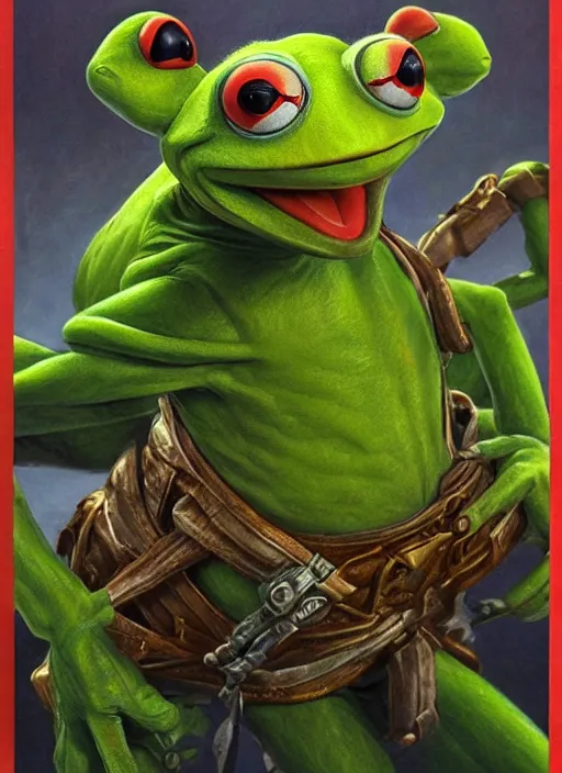 Prompt: portrait of kermit the frog in masters of the universe ( 1 9 8 7 ), highly detailed, centered, solid color background, digital painting, artstation, concept art, smooth, sharp focus, illustration, artgerm, donato giancola, joseph christian leyendecker, les edwards, ed repka, wlop, artgerm