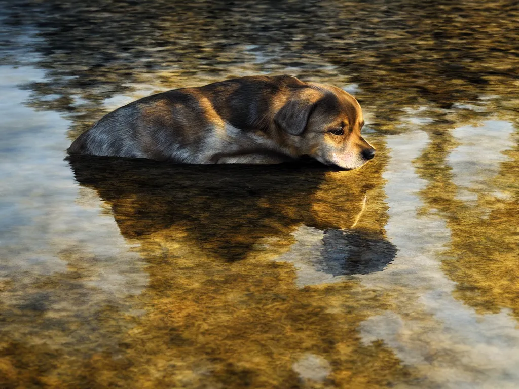 Prompt: a dog looking down at its reflection in water, ripples, river, beautiful!!!!!! swiss forest, photograph, golden hour, octane render, high resolution