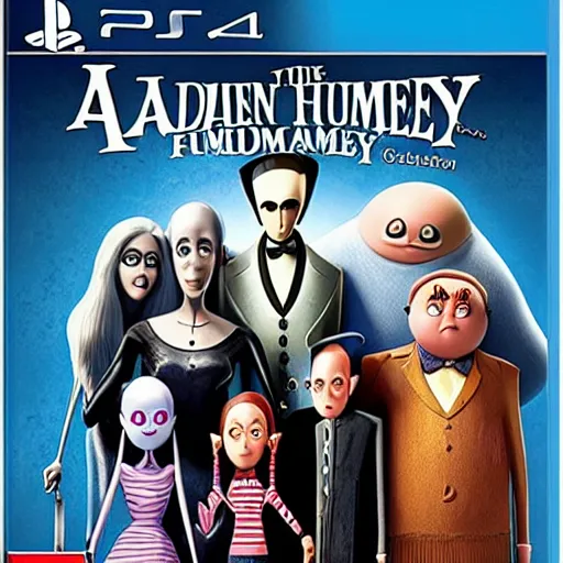 Image similar to video game box art of a ps 5 game called the addams family vacation hour, 4 k, highly detailed cover art.