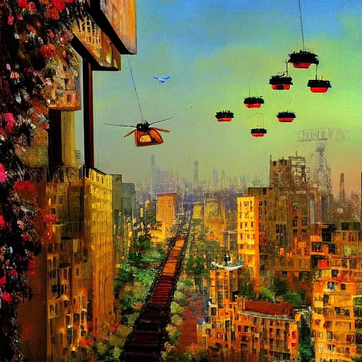 Prompt: a very beautiful eco - friendly environmental future!!! city cityscape, ( flying cars ) and elevated!! trains and solar power, lots of plants and flowers, sunrise, style of olidon redon