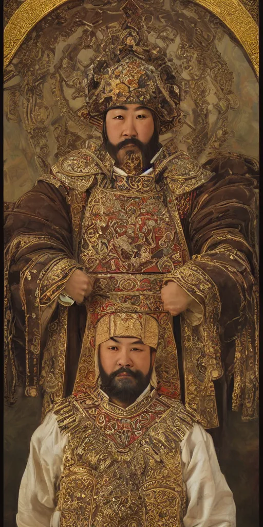 Image similar to a stunning and noble highly detailed romantic period style portrait of Kublai Khan by Josep Tapiró Baró, trending on artstation, oil painting masterpiece, ((symmetry)), ((((fractals))), Chinese & Mongolian iconography